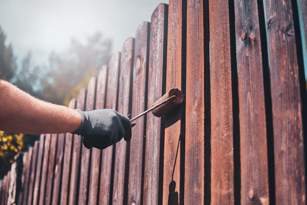 Diligent man is painting fence with brush